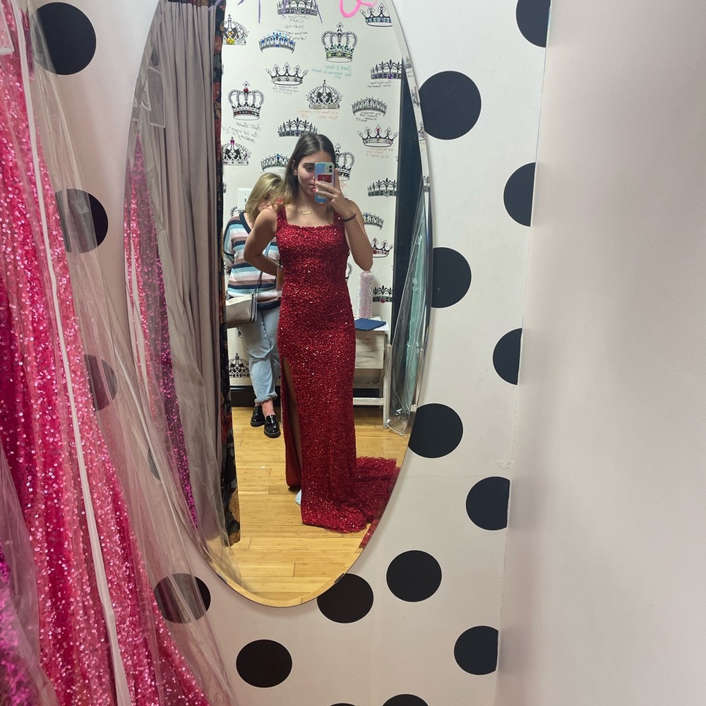 Deja vu red sequin prom dress